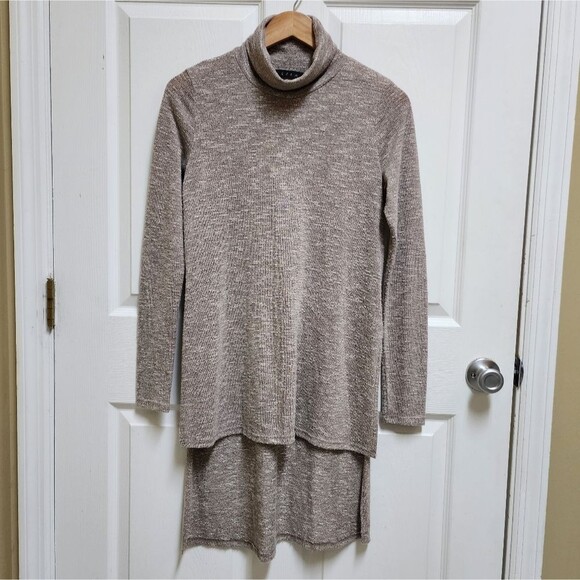 EZRA Sweater Women M Heather Gray Tan Stretch Knit Turtleneck Hi Low Long Sleeve - Picture 1 of 8